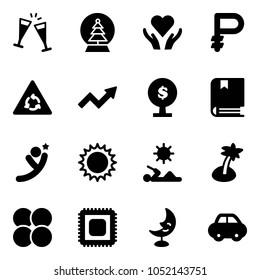 Solid vector icon set    wine glasses vector  snowball tree  heart care  ruble  round motion road sign  growth arrow  money  book  flying man  sun  reading  palm  atom core  cpu  moon lamp  car