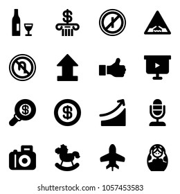 Solid vector icon set - wine vector, bank, no parkin odd, drawbridge road sign, turn back, uplooad, like, presentation board, search money, dollar, rise, microphone, camera, rocking horse, toy plane