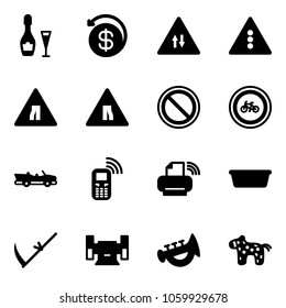 Solid vector icon set - wine vector, money back, oncoming traffic road sign, light, narrows, prohibition, no bike, cabrio, mobile phone, printer wireless, basin, scythe, sharpening, horn toy, horse