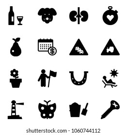 Solid vector icon set - wine vector, dog, kidneys, stopwatch heart, pear, calendar, multi lane traffic road sign, tractor way, flower pot, win, luck, beach, lighthouse, butterfly, bucket scoop