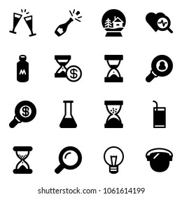Solid vector icon set - wine glasses vector, champagne, snowball house, heart diagnosis, milk, account history, sand clock, head hunter, search money, flask, drink, magnifier, bulb, protect glass