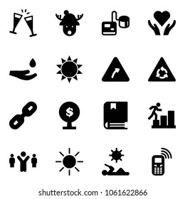 Solid vector icon set - wine glasses vector, christmas deer hat, tonometer, heart care, drop hand, sun, turn right road sign, round motion, link, money tree, book, career, team leader, reading
