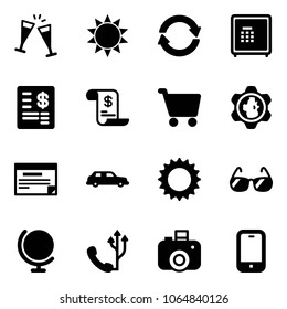 Solid vector icon set - wine glasses vector, sun, exchange, safe, account statement, history, cart, gear globe, schedule, limousine, sunglasses, phone, camera, mobile