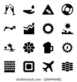 Solid Vector Icon Set - Wine Glasses Vector, Drop Hand, Multi Lane Traffic Road Sign, Circle Chart, Point Arrow, Growth, Sun, Reading, Palm, Flower, Beer, Power, Binary Code, Cpu, Plane, Carbon