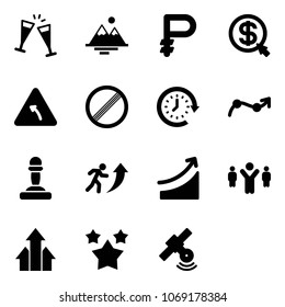Solid vector icon set - wine glasses vector, mountains, ruble, money click, turn left road sign, no limit, clock around, chart point arrow, pawn, career, rise, team leader, arrows up, stars