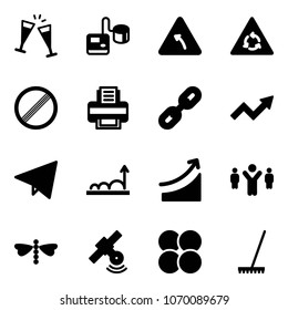 Solid vector icon set - wine glasses vector, tonometer, turn left road sign, round motion, no limit, printer, link, growth arrow, paper fly, rise, team leader, dragonfly, satellite, atom core, rake