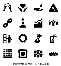 Solid vector icon set - wine glasses vector, heart care, drop hand, turn left road sign, link, pawn, growth, team leader, opportunity, sun, palm, mobile phone, binary code, cpu, carbon, toy car