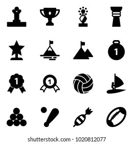 Solid vector icon set - winner vector, gold cup, award, mountain, medal, volleyball, windsurfing, billiards balls, baseball bat, dart, football