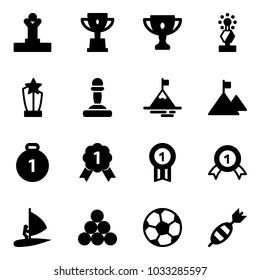 Solid vector icon set - winner vector, win cup, gold, award, pawn, mountain, medal, windsurfing, billiards balls, soccer ball, dart