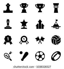 Solid vector icon set - winner vector, win cup, gold, award, pawn, arrows up, mountain, medal, flags cross, volleyball, badminton, baseball bat, soccer ball, football