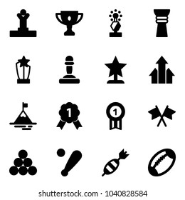 Solid vector icon set - winner vector, gold cup, award, pawn, arrows up, mountain, medal, flags cross, billiards balls, baseball bat, dart, football