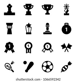 Solid vector icon set - winner vector, win cup, gold, award, pawn, medal, flags cross, badminton, baseball bat, soccer ball, dart