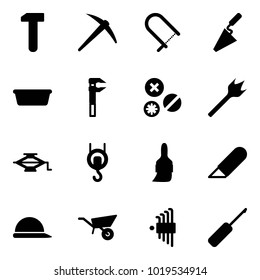 Solid vector icon set - work vector, axe, fretsaw, trowel, basin, rivet, wood drill, jack, winch, brush, knife, construction helmet, wheelbarrow, allen key set, awl