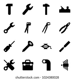 Solid vector icon set - work vector, wrench, hammer, jointer, plumber, pliers, screwdriver, screw, jack, rasp, tool box, allen key, set