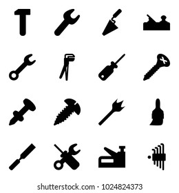 Solid vector icon set - work vector, wrench, trowel, jointer, plumber, screwdriver, screw, nail dowel, wood drill, brush, rasp, stapler, allen key set