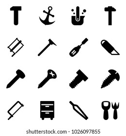 Solid vector icon set - work vector, anchor, casting of steel, hammer, bucksaw, mason, chisel, knife, nail, screw, bolt, metal hacksaw, tool cabinet, forceps, shovel fork toy