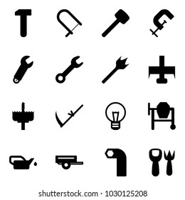 Solid vector icon set - work vector, fretsaw, rubber hammer, clamp, wrench, wood drill, milling cutter, crown, scythe, bulb, cocncrete mixer, oiler, trailer, allen key, shovel fork toy