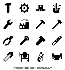 Solid vector icon set - work vector, gear, conveyor, casting of steel, wrench, plant, hammer, sledgehammer, side cutters, screw, bolt, drill, tile, cocncrete mixer, winch, sharpening