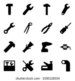 Solid vector icon set - work vector, wrench, hammer, plumber, pliers, screwdriver, screw, dowel, drill, jack, tool box, stapler, allen key