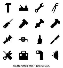 Solid vector icon set - work vector, jointer, wrench, plumber, screwdriver, bolt, nail dowel, screw, jack, brush, rasp, tool box, allen key, set