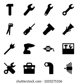 Solid vector icon set - work vector, wrench, plumber, screwdriver, bolt, dowel, wood drill, jack, tool box, allen key, set