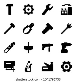 Solid vector icon set - work vector, gear, wrench, plant, sledgehammer, side cutters, bolt, wood drill, crown, machine, jig saw, winch, stapler
