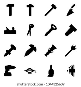 Solid vector icon set - work vector, hammer, sledgehammer, trowel, jointer, plumber, screw, bolt, nail dowel, wood drill, jack, brush, allen key set