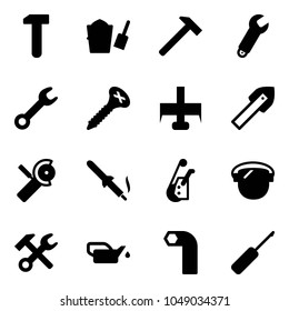 Solid vector icon set - work vector, bucket scoop, hammer, wrench, screw, milling cutter, tile drill, Angular grinder, soldering iron, winch, protect glass, oiler, allen key, awl