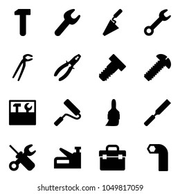 Solid vector icon set - work vector, wrench, trowel, plumber, pliers, bolt, screw, tool box, paint roller, brush, rasp, screwdriver, stapler, allen key