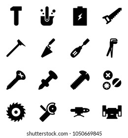 Solid vector icon set - work vector, casting of steel, battery, saw, mason hammer, trowel, chisel, plumber, screw, nail dowel, rivet, disk, Angular grinder, pipe welding, sharpening