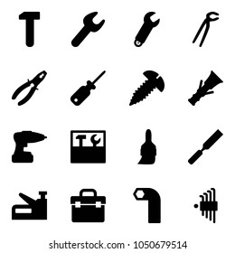 Solid vector icon set - work vector, wrench, plumber, pliers, screwdriver, screw, dowel, drill, tool box, brush, rasp, stapler, allen key, set