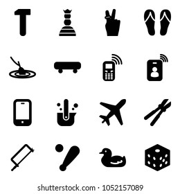 Solid vector icon set - work vector, chess queen, victory, flip flops, fishing, skateboard, mobile phone, identity card, casting of steel, plane, bolt cutter, metal hacksaw, baseball bat, toy duck