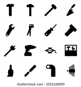 Solid vector icon set - work vector, hammer, sledgehammer, trowel, wrench, plumber, screwdriver, bolt, wood drill, jack, tool box, brush, rasp, allen key, set