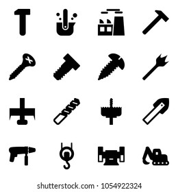 Solid vector icon set - work vector, casting of steel, plant, hammer, screw, bolt, wood drill, milling cutter, crown, tile, machine, winch, sharpening, excavator toy