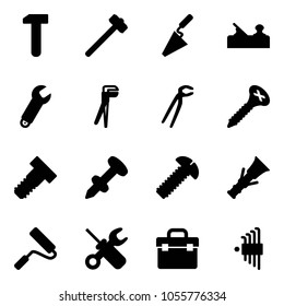 Solid vector icon set - work vector, sledgehammer, trowel, jointer, wrench, plumber, screw, bolt, nail dowel, paint roller, screwdriver, tool box, allen key set