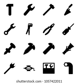 Solid vector icon set - work vector, wrench, sledgehammer, trowel, plumber, pliers, screwdriver, nail dowel, screw, wood drill, jack, tool box, allen key