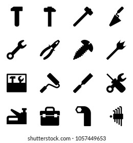 Solid vector icon set - work vector, hammer, sledgehammer, trowel, wrench, pliers, screw, wood drill, tool box, paint roller, rasp, screwdriver, stapler, allen key, set