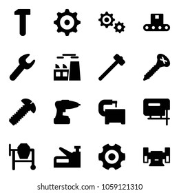 Solid vector icon set - work vector, gear, conveyor, wrench, plant, sledgehammer, screw, drill, machine tool, jig saw, cocncrete mixer, stapler, sharpening