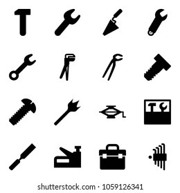 Solid vector icon set - work vector, wrench, trowel, plumber, bolt, screw, wood drill, jack, tool box, rasp, stapler, allen key set