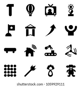 Solid vector icon set - work vector, air balloon, tv news, award, flag, pennant, growth, success, skateboard, wireless home, conveyor, wind mill, circuit, wood drill, beanbag, doll