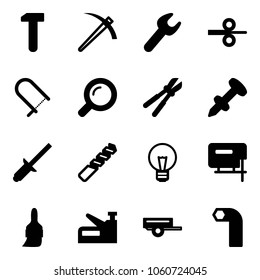 Solid vector icon set - work vector, job, wrench, steel rolling, fretsaw, magnifier, bolt cutter, nail dowel, clinch, drill, bulb, jig saw, brush, stapler, trailer, allen key