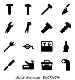 Solid vector icon set - work vector, hammer, sledgehammer, trowel, wrench, plumber, bolt, screw, wood drill, jack, tool box, brush, rasp, stapler, allen key