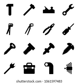 Solid vector icon set - work vector, sledgehammer, jointer, wrench, plumber, pliers, screwdriver, screw, bolt, nail dowel, wood drill, tool box, allen key, set