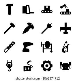 Solid vector icon set - work vector, water power plant, conveyor, sledgehammer, screw, wood drill, milling cutter, cocncrete mixer, winch, welding, gear, sharpening