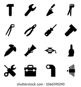 Solid vector icon set - work vector, wrench, trowel, plumber, pliers, screwdriver, bolt, screw, dowel, jack, brush, tool box, allen key, set