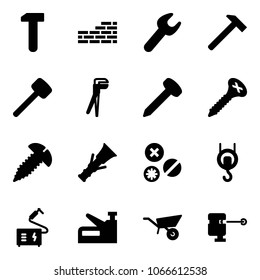 Solid vector icon set - work vector, brick wall, wrench, hammer, rubber, plumber, nail, screw, dowel, rivet, winch, welding, stapler, wheelbarrow, laser lever