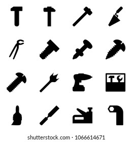 Solid vector icon set - work vector, hammer, sledgehammer, trowel, plumber, bolt, nail dowel, screw, wood drill, tool box, brush, rasp, stapler, allen key