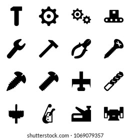 Solid vector icon set - work vector, gear, conveyor, wrench, hammer, side cutters, screw, milling cutter, drill, crown, winch, stapler, sharpening