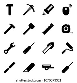 Solid vector icon set - work vector, job, highlight marker, mouse wireless, hammer, rubber, ruler, measuring tape, wrench, screwdriver, tile drill, paint roller, rasp, knife, trailer, awl
