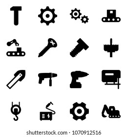 Solid vector icon set - work vector, gear, conveyor, screw, bolt, crown drill, tile, machine, jig saw, winch, welding, excavator toy
